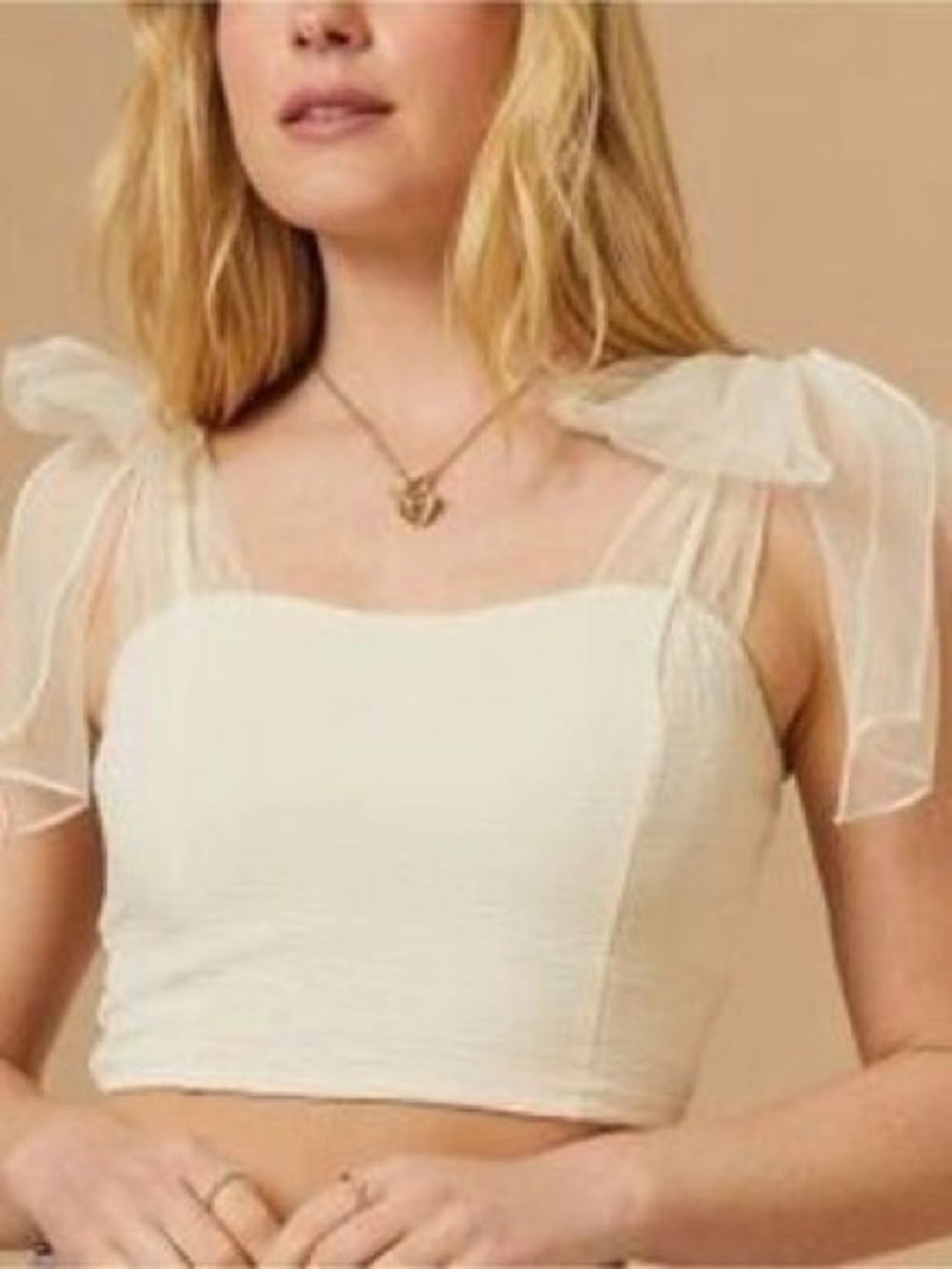 Altar'd State Cream Sheer Bow Strap Cropped Top